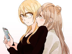Rule 34 | 10s, 2girls, ayase eli, bad id, bad pixiv id, bespectacled, blonde hair, blue eyes, brown eyes, brown hair, cellphone, glasses, hug, hug from behind, love live!, love live! school idol project, minami kotori, multiple girls, phone, pout, shin9tani, simple background, upper body, white background, yuri