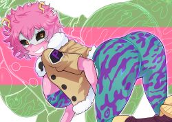 Rule 34 | 1girl, ashido mina, ass, bent over, black sclera, bodysuit, boku no hero academia, boots, breasts, chickenandtiger, colored sclera, colored skin, highres, horns, huge ass, large breasts, looking at viewer, looking back, mask, pink hair, pink skin, short hair, smile, solo, vest, yellow eyes