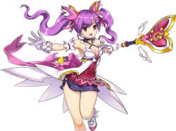 Rule 34 | 1girl, aisha landar, breasts, cleavage, dimension witch (elsword), elsword, gloves, hair ornament, holding, leg up, long hair, magical girl, medium breasts, microskirt, official art, open mouth, outstretched arms, purple eyes, purple hair, purple skirt, ress, skirt, solo, staff, star (symbol), transparent background, twintails, white gloves