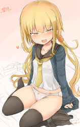 Rule 34 | 1girl, bikini, black skirt, black thighhighs, blonde hair, blush, breasts, earrings, gradient background, hair between eyes, hair ornament, highres, jewelry, kantai collection, long hair, long sleeves, looking at viewer, miniskirt, neckerchief, necktie, nipples, okiraku nikku, on bed, open mouth, panties, satsuki (kancolle), satsuki kai ni (kancolle), school uniform, see-through, sitting, skirt, small breasts, solo, string bikini, swimsuit, thighhighs, twintails, twitter username, underwear, undressing, white panties, yellow neckerchief