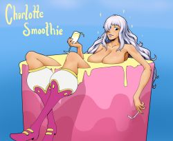 Rule 34 | 1girl, alcohol, bath, bathtub, boots, breasts, charlotte smoothie, juice, nude, one piece, resident drawfriend, wine