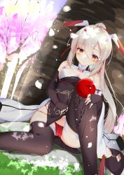 Rule 34 | 1girl, ayanami (azur lane), ayanami (lunar demon) (azur lane), ayanami (lunar demon) (azur lane), azur lane, bare shoulders, black thighhighs, blush, breasts, cameltoe, cherry blossoms, china dress, chinese clothes, cleavage, cleavage cutout, clothing cutout, commentary request, cup, dress, elbow gloves, falling petals, fingerless gloves, gloves, hair between eyes, headgear, highres, hino kagutsuki, knee up, light smile, long hair, looking at viewer, panties, pantyshot, petals, platinum blonde hair, ponytail, red panties, sakazuki, sitting, small breasts, solo, spill, spilling, string panties, thighhighs, underwear, very long hair, yellow eyes