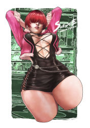 Rule 34 | 1girl, absurdres, arms up, belly chain, black dress, breasts, commentary, covered eyes, cropped jacket, cropped legs, cross-laced clothes, dress, english commentary, feather-trimmed sleeves, hair over eyes, highres, jacket, jewelry, large breasts, looking at viewer, monori rogue, no bra, nose, pink jacket, pink lips, plunging neckline, revealing clothes, shermie (kof), short dress, short hair, solo, the king of fighters, the king of fighters xv, thick thighs, thighs