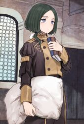 Rule 34 | 1boy, blue eyes, book, buttons, fire emblem, fire emblem: three houses, frown, garreg mach monastery uniform, green hair, highres, holding, holding book, holding pillow, linhardt von hevring, long sleeves, low ponytail, male focus, nintendo, parted hair, pillow, short hair, solo, soto, standing, window