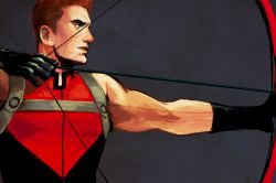 Rule 34 | 1boy, akipunch, archer (fate), arrow (projectile), bow (weapon), dc comics, fate (series), male focus, marksman, orange hair, profile, red arrow, roy harper, sleeveless, solo, weapon