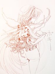 Rule 34 | 1girl, ass, asymmetrical wings, aya carmine, banana, body horror, commentary request, completely nude, flower wings, food, from behind, fruit, greyscale, highres, holding, holding food, holding fruit, leaf wings, long hair, looking at viewer, looking back, millipen (medium), mismatched wings, monochrome, nude, open mouth, plant wings, profile, sayonara wo oshiete, simple background, sketch, smile, snake, solo, sugamo mutsuki, tendril, tongue, traditional media, very long hair, wings