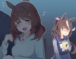 Rule 34 | 1boy, 2girls, :d, animal ears, arm hug, blue eyes, blue shirt, blush, bow, bowtie, brown hair, casual, commentary request, cup, dark background, drink, drinking straw, closed eyes, flying sweatdrops, hair ornament, hairclip, highres, holding, holding cup, horse ears, horse girl, jewelry, kyutai x, light hello (umamusume), long hair, long sleeves, medium hair, multiple girls, musical note, necklace, open mouth, ponytail, purple sailor collar, purple shirt, sailor collar, sailor shirt, school uniform, shaded face, shirt, smile, tokai teio (umamusume), tracen school uniform, trainer (umamusume), umamusume, vector trace, white bow, white bowtie, yandere