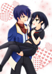Rule 34 | 1boy, 1girl, :d, :o, akame ga kill!, black eyes, black hair, black pants, black pantyhose, black sailor collar, black shirt, black skirt, blue eyes, blue hair, blue jacket, blush, carrying, commentary request, couple, cowboy shot, double-parted bangs, eye contact, feet out of frame, fingernails, from side, hair between eyes, hand on another&#039;s shoulder, hand up, heart, hetero, highres, hirocchi, jacket, kurome (akame ga kill!), looking at another, medium hair, miniskirt, neckerchief, open clothes, open jacket, open mouth, pants, pantyhose, pleated skirt, princess carry, red neckerchief, sailor collar, school uniform, serafuku, shirt, short hair, short sleeves, simple background, skirt, smile, standing, too many, too many hearts, twintails, upturned eyes, wave (akame ga kill!), white background