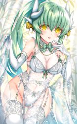 Rule 34 | 1girl, aqua hair, bra, breasts, covered navel, dragon girl, dragon horns, elbow gloves, fate/grand order, fate (series), garter belt, gloves, highres, horns, kiyohime (fate), large breasts, morizono shiki, multiple horns, panties, panties over garter belt, ponytail, solo, thighhighs, underwear, underwear only, white bra, white gloves, white panties, white thighhighs, yellow eyes