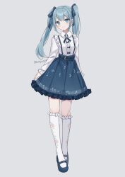 Rule 34 | 1girl, artist name, blue bow, blue eyes, blue hair, blue skirt, bow, floral print, grey background, hair ornament, hatsune miku, highres, long sleeves, looking at viewer, musical note, musical note print, noneon319, shirt, skirt, smile, socks, solo, vocaloid, white shirt, white socks