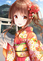Rule 34 | 1girl, :d, brown eyes, brown hair, camellia, flower, hair flower, hair ornament, hand up, highres, japanese clothes, kimono, looking at viewer, na53, obi, open mouth, red kimono, sash, shrine, side ponytail, sidelocks, smile, solo, tareme, to love-ru, torii, upper body, yuuki mikan