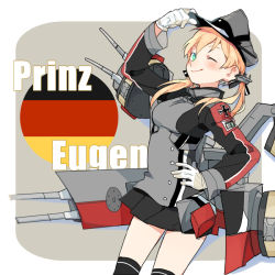 Rule 34 | 1girl, anchor hair ornament, aqua eyes, black skirt, black thighhighs, blonde hair, blush, breasts, character name, cross, d.y.x., german flag, gloves, hair ornament, hand on headwear, hand on own hip, hat, iron cross, kantai collection, long hair, long sleeves, medium breasts, military, military uniform, miniskirt, peaked cap, prinz eugen (kancolle), rigging, simple background, skirt, smile, solo, thighhighs, twintails, two-tone background, uniform, white gloves