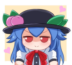 Rule 34 | 1girl, black hat, blue hair, blush, bow, bowtie, buttons, closed mouth, collar, collared shirt, doll, food, fruit, fumo (doll), hair between eyes, hat, heart, hinanawi tenshi, leaf, long hair, looking to the side, peach, red bow, red bowtie, red eyes, shaded face, shirt, short sleeves, simple background, smile, solo, stuffed toy, tasuku (tusktouhou4), touhou, white background, white shirt, yellow background