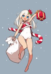 Rule 34 | 10s, 1girl, absurdres, arm up, bad id, bad twitter id, bare legs, barefoot, blue eyes, box, candy, candy cane, covered navel, flower, food, full body, fur trim, gift, gift box, grey background, hair flower, hair ornament, highres, holding, japanese flag, kaki gohri, kantai collection, long hair, looking at viewer, one-piece swimsuit, open mouth, red flower, ro-500 (kancolle), sack, sailor collar, school swimsuit, simple background, smile, snowing, solo, swimsuit, tan, tanline, white hair, white one-piece swimsuit, white school swimsuit