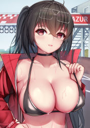 Rule 34 | 1girl, absurdres, azur lane, bikini, black bikini, black hair, breasts, choker, cleavage, eyewear on head, highres, jacket, jean.organ, large breasts, official alternate costume, open clothes, open jacket, outdoors, pulling own clothes, race queen, red eyes, red jacket, solo, sunglasses, swimsuit, taihou (azur lane), taihou (enraptured companion) (azur lane), upper body