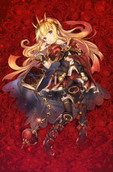 Rule 34 | 10s, 1girl, armor, belt, blonde hair, boots, bow, bracelet, brooch, cagliostro (granblue fantasy), cape, flower, full body, granblue fantasy, hairband, head tilt, jewelry, kawakami shuuichi, knee boots, long hair, lying, md5 mismatch, on back, parted lips, purple eyes, red background, red bow, red cape, red skirt, resolution mismatch, ring, rose, skirt, solo, source larger, spiked hairband, spikes, test tube, thighhighs
