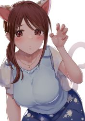 Rule 34 | 1girl, animal ears, blue skirt, blush, breasts, cat ears, cat tail, collarbone, extra ears, floral print, frown, hair over shoulder, hand up, highres, idolmaster, idolmaster cinderella girls, kozeni isari, large breasts, looking at viewer, mifune miyu, nail polish, nyan, ponytail, red eyes, red hair, simple background, skirt, solo, tail, white background