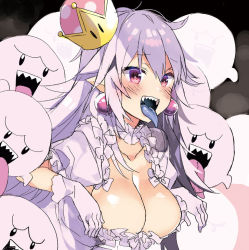 Rule 34 | 1girl, :d, araki kanao, blue tongue, blush, boo (mario), breasts, cleavage, collarbone, colored tongue, crown, dress, earrings, furrowed brow, gloves, hair between eyes, jewelry, large breasts, long hair, long tongue, luigi&#039;s mansion, mario (series), new super mario bros. u deluxe, nintendo, open mouth, pink eyes, pointy ears, princess king boo, puffy short sleeves, puffy sleeves, sharp teeth, short sleeves, smile, solo, super crown, teeth, tongue, upper body, white dress, white gloves, white hair