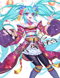 Rule 34 | 1girl, black pantyhose, blue eyes, blue hair, blue nails, blush, breasts, cleavage, flower, hair flower, hair ornament, hatsune miku, holding, holding paintbrush, large breasts, long hair, looking at viewer, nail polish, open mouth, paintbrush, pantyhose, smile, solo, teeth, teiten-bakuha, twintails, v, vocaloid
