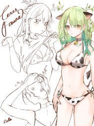 Rule 34 | 1girl, animal ears, animal print, bell, bikini, breasts, ceres fauna, cleavage, clothes lift, cow ears, cow print, cow print bikini, green hair, highres, hololive, hololive english, large breasts, lifting own clothes, long hair, multiple views, nape, neck bell, print bikini, shirt lift, swimsuit, vestia zeta (artist), virtual youtuber, yellow eyes
