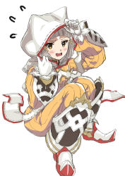 Rule 34 | 1girl, animal ears, blunt bangs, blush, bodysuit, breasts, cat ears, facial mark, full body, gloves, hood, hood up, nia (xenoblade), open mouth, short hair, silver hair, simple background, small breasts, solo, white background, white gloves, xenoblade chronicles (series), xenoblade chronicles 2, yellow bodysuit, yellow eyes, yuuuun0218