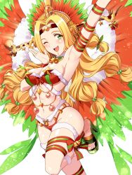 Rule 34 | 1girl, bare shoulders, bikini, blonde hair, blush, breasts, christmas, cleavage, fate/grand order, fate (series), green eyes, hakka (88hk88), headdress, high heels, highres, large breasts, long hair, looking at viewer, low-tied long hair, navel, one eye closed, open mouth, quetzalcoatl (fate), quetzalcoatl (samba santa) (fate), red bikini, sandals, santa bikini, simple background, smile, solo, standing, standing on one leg, swimsuit, thigh strap, very long hair, white background