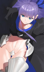 Rule 34 | 1girl, arka91, armor, armored boots, black coat, blue eyes, blue ribbon, boots, breasts, coat, collarbone, crotch plate, fate/extra, fate/extra ccc, fate (series), faulds, hair ribbon, highres, long sleeves, meltryllis (fate), navel, purple hair, revealing clothes, ribbon, sleeves past fingers, sleeves past wrists, solo, thighs