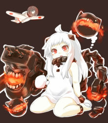 Rule 34 | 10s, 1girl, abyssal ship, ahoge, aircraft, airplane, anklet, bare shoulders, blush, colored skin, dress, fire, highres, horns, jewelry, kantai collection, kibisake, long hair, lots of jewelry, machinery, mittens, northern ocean princess, open mouth, outline, pale skin, red eyes, s katsuo, sitting, sleeveless, sleeveless dress, solo, turret, wariza, white dress, white hair, white skin