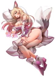 Rule 34 | 1girl, animal ear fluff, animal ears, ass, bare legs, bare shoulders, blonde hair, blush, breasts, cleavage, clothes lift, commission, detached sleeves, dress, extra ears, green eyes, head on pillow, high heels, highres, lace, lace panties, large breasts, lifted by tail, long hair, looking at viewer, lying, muloli, on side, open mouth, original, panties, pillow, pink dress, simple background, skirt, skirt lift, smile, solo, strapless, strapless dress, tail, tail wagging, thigh grab, underwear, very long hair, white background, white dress, white panties, white skirt