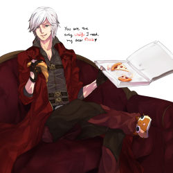 Rule 34 | 1boy, animal slippers, bad deviantart id, bad id, blue eyes, capcom, cat slippers, coat, dante (devil may cry), devil may cry (series), english text, facial hair, felyne, food, gloves, heart, male focus, monster hunter (series), naso4, overcoat, pants, pizza, pizza box, slippers, solo, stubble, white hair