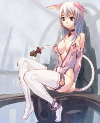 Rule 34 | 1girl, animal ears, anklet, bad id, bad pixiv id, bare shoulders, breasts, breasts apart, brown eyes, cat ears, cat girl, center opening, collarbone, detached sleeves, female focus, full body, jewelry, large breasts, long hair, long sleeves, looking to the side, robot ears, sideboob, silver hair, sitting, sleeveless, smile, solo, tail, thighhighs, tougetsu gou, white thighhighs