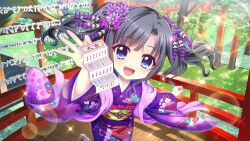 Rule 34 | 1girl, architecture, black hair, blue eyes, day, dot nose, east asian architecture, film grain, floral print, flower, furisode, game cg, grass, hair flower, hair ornament, holding, itsumura yukari, izumi tsubasu, japanese clothes, kimono, lens flare, looking at viewer, non-web source, obi, official art, omikuji, open mouth, outdoors, print kimono, purple flower, purple kimono, re:stage!, sash, short hair, smile, solo, sparkle, standing, standing on one leg, swept bangs, translated, tree, twintails