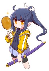 Rule 34 | 1girl, ahoge, akari (raigou), bike shorts, black shorts, black sweater, blue skirt, blush, borrowed character, brown eyes, chicken leg, commentary request, cropped legs, food, grin, high ponytail, highres, holding, holding food, holding sword, holding weapon, hood, hood down, hooded jacket, jacket, long hair, looking at viewer, naga u, open clothes, open jacket, original, pleated skirt, ponytail, ribbed sweater, sheath, sheathed, short shorts, shorts, shorts under skirt, simple background, skirt, smile, solo, sparkle, sweater, sword, thick eyebrows, turtleneck, turtleneck sweater, very long hair, weapon, white background, yellow jacket