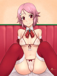 Rule 34 | 10s, 1girl, bare shoulders, bikini, blush, breasts, collarbone, dan (kumadan), detached collar, front-tie top, hair ornament, lisbeth (sao), looking at viewer, navel, nipples, pink hair, red eyes, red thighhighs, see-through, shiny skin, sitting, small breasts, smile, solo, swimsuit, sword art online, thighhighs, white bikini