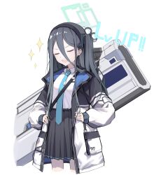 Rule 34 | 1girl, aqua halo, aris (blue archive), black hair, blue archive, closed eyes, english text, halo, highres, jacket, looking at viewer, rectangular halo, school uniform, simple background, solo, thighs, white background, white jacket, xy wang