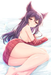 Rule 34 | 1girl, animal ears, ass, barefoot, blush, breasts, erune, granblue fantasy, hair between eyes, highres, large breasts, long hair, long sleeves, looking at viewer, lying, naked sweater, nier (granblue fantasy), off shoulder, parted lips, pillow, purple hair, red eyes, red sweater, ribbed sweater, simple background, sleeves past wrists, solo, sweater, tomo (tmtm mf mf), white background