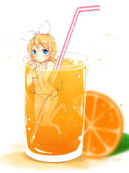 Rule 34 | 1girl, barefoot, bikini, blonde hair, blue eyes, blush, bow, cup, drinking straw, food, fruit, hair bow, hair ornament, hairclip, highres, in container, in cup, juice, kagamine rin, looking at viewer, loose bikini, mini person, minigirl, natsu (natume0504), orange (fruit), orange juice, oversized object, partially submerged, short hair, side-tie bikini bottom, simple background, solo, striped bikini, striped clothes, swimsuit, untied bikini, vocaloid, white background