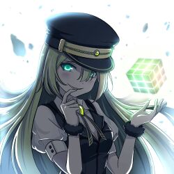 Rule 34 | 1girl, adesa, alina gray, aqua eyes, black hat, black necktie, black vest, blonde hair, brooch, collar, cross tie, cube, detached collar, finger to mouth, fur cuffs, gem, glowing, glowing eyes, green gemstone, green hair, grin, hair between eyes, hat, jewelry, lapels, long hair, looking at viewer, magia record: mahou shoujo madoka magica gaiden, magical girl, mahou shoujo madoka magica, multicolored hair, necktie, notched lapels, peaked cap, puffy short sleeves, puffy sleeves, see-through, see-through sleeves, short sleeves, sidelocks, smile, solo, streaked hair, upper body, v-neck, very long hair, vest, white background, white collar, white sleeves