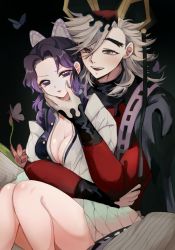 Rule 34 | 1boy, 1girl, absurdres, black background, black hair, bottomless, breasts, bud, bug, butterfly, butterfly hair ornament, cleavage, demon slayer uniform, douma (kimetsu no yaiba), eyelashes, fangs, flipped hair, flower, grey hair, hair between eyes, hair ornament, hand on another&#039;s face, hand up, haori, hat, hetero, highres, hug, hug from behind, insect, jacket, jacket on shoulders, japanese clothes, kimetsu no yaiba, knees up, kochou shinobu, large breasts, long sleeves, looking at another, looking at viewer, lotus, multicolored eyes, multicolored hair, nail polish, pants, print hair, purple eyes, purple hair, purple nails, red shirt, restrained, shirt, sitting, sleeveless, sleeveless shirt, smile, stole, streaked hair, swept bangs, text in eyes, tight clothes, tight shirt, turtleneck, unbuttoned, updo, watasi tokimi