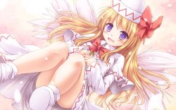 Rule 34 | 1girl, blonde hair, bow, dress, hat, highres, lily white, long hair, looking at viewer, lzh, open mouth, purple eyes, smile, solo, touhou, wings