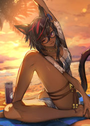 Rule 34 | 1girl, animal ears, warrior of light (ff14), barefoot, black hair, collarbone, dark-skinned female, dark skin, final fantasy, final fantasy xiv, glasses, hide (hideout), highres, jewelry, miqo&#039;te, multicolored hair, necklace, palm tree, red eyes, shirt, shorts, smile, solo, sunset, tail, thigh strap, tree, two-tone hair, yoga