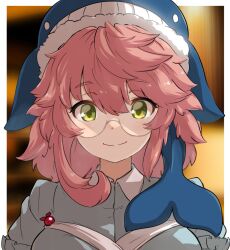 Rule 34 | 1girl, bespectacled, blue hat, blurry, blurry background, breasts, closed mouth, glasses, green eyes, hair between eyes, hat, large breasts, looking at viewer, medium hair, okunoda miyoi, pink hair, portrait, round eyewear, smile, solo, touhou, uisu (noguchipint), whale hat