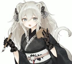 Rule 34 | 1girl, :d, ahoge, alternate costume, animal ears, black gloves, black kimono, calligraphy brush, ear piercing, ema, fang, floral print, gloves, grey eyes, grey hair, hair between eyes, highres, holding, holding brush, hololive, japanese clothes, kimono, kumono nnn, lace, lace-trimmed kimono, lace gloves, lace trim, lion ears, lion tail, long hair, looking at viewer, messy hair, new year, obi, obijime, open mouth, paintbrush, piercing, print kimono, sash, shishiro botan, sidelocks, simple background, skin fang, smile, solo, tail, two side up, upper body, virtual youtuber, white background, wide sleeves
