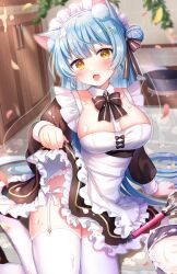 Rule 34 | 1girl, absurdly long hair, absurdres, animal ear fluff, animal ears, apron, black bow, black bowtie, black dress, blue hair, blush, bow, bowtie, breasts, cat ears, clothes lift, collar, commentary request, dress, dress lift, fang, frilled apron, frilled dress, frills, garter straps, glint, hair bun, hair ornament, hair ribbon, highres, indoors, large breasts, lifting own clothes, long hair, long sleeves, looking at viewer, maid, maid apron, maid headdress, mixing bowl, open mouth, original, petals, puffy long sleeves, puffy sleeves, ribbon, short dress, single side bun, sitting, solo, tearing up, thighhighs, umishima rinta, very long hair, whisk, white collar, white garter straps, white thighhighs, yellow eyes, yokozuwari
