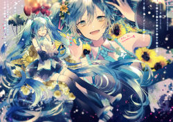 Rule 34 | 1girl, ^ ^, absurdly long hair, aqua necktie, arm up, bad id, bad pixiv id, bare shoulders, black footwear, black skirt, blue eyes, blue hair, blurry, blush, boots, cacao (chocotto), closed eyes, depth of field, detached sleeves, flower, grey shirt, hair between eyes, hair flower, hair ornament, hatsune miku, holding, holding paper, long hair, multiple views, necktie, open mouth, paper, pleated skirt, shirt, sidelocks, skirt, sleeveless, sleeveless shirt, smile, star (symbol), starry background, sunflower, teeth, thigh boots, thighhighs, twintails, very long hair, vocaloid, yellow flower