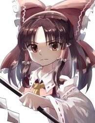 Rule 34 | 1girl, ascot, bare shoulders, bow, brown eyes, brown hair, closed mouth, commentary request, cropped torso, frilled ascot, frilled bow, frilled hair tubes, frills, gohei, hair bow, hair tubes, hakurei reimu, highres, holding, holding gohei, long sleeves, looking at viewer, medium hair, plus2sf, red bow, red shirt, ribbon-trimmed sleeves, ribbon trim, shirt, sidelocks, sleeveless, sleeveless shirt, solo, touhou, white sleeves, wide sleeves, yellow ascot