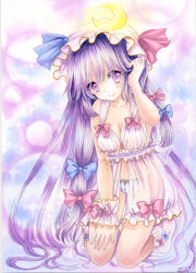 Rule 34 | 1girl, babydoll, breasts, cleavage, collarbone, colored pencil (medium), crescent, full body, hair ribbon, hand in own hair, hat, kneeling, long hair, looking at viewer, medium breasts, mob cap, mosho, painting (medium), panties, patchouli knowledge, purple eyes, purple hair, ribbon, smile, solo, striped clothes, striped panties, touhou, traditional media, tress ribbon, underwear, very long hair, watercolor (medium), watercolor pencil (medium)