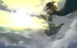 Rule 34 | 1girl, absurdres, arm up, bad id, bad pixiv id, black-framed eyewear, black cape, black hat, black ribbon, book, brown hair, cape, cloud, cloudy sky, collared shirt, commentary request, facing away, fixro2n, glasses, hand on headwear, hat, highres, holding, holding book, long sleeves, mountain, neck ribbon, outdoors, plaid, plaid skirt, plaid vest, purple skirt, purple vest, ribbon, shirt, skirt, sky, solo, standing, sun, sunset, thighhighs, touhou, usami sumireko, vest, white shirt, white thighhighs, wind