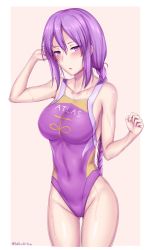 Rule 34 | 1girl, braid, breasts, collarbone, commentary request, competition swimsuit, cowboy shot, gluteal fold, highleg, highleg swimsuit, highres, large breasts, long hair, looking at viewer, melty blood, one-piece swimsuit, purple eyes, purple hair, purple one-piece swimsuit, single braid, sion eltnam atlasia, solo, soukitsu, standing, swimsuit, tsukihime, twitter username