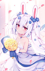 Rule 34 | 1girl, animal ears, azur lane, bare shoulders, blue flower, bouquet, breasts, cleavage, closed mouth, collarbone, commentary request, dress, flower, hair between eyes, hair flower, hair ornament, holding, holding bouquet, laffey (azur lane), long hair, petals, rabbit ears, red eyes, silver hair, small breasts, smile, solo, strapless, strapless dress, sudango, twintails, very long hair, wedding dress, white dress, yellow flower